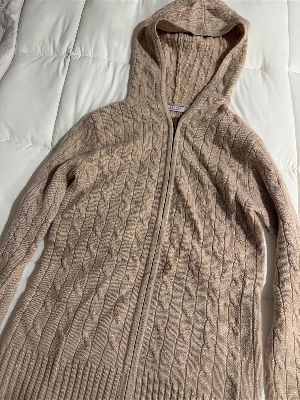 Cable-Knit Zip Hoodie Cardigan in Light Taupe